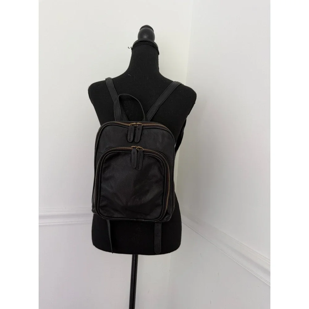 Margot Black Pebbled Leather Small Backpack Purse Minimalist Bag